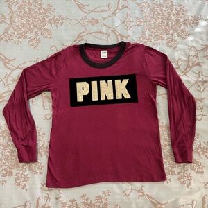 Victoria's Secret PINK Burgundy Black Gold Bling Long Sleeve Shirt Size Medium